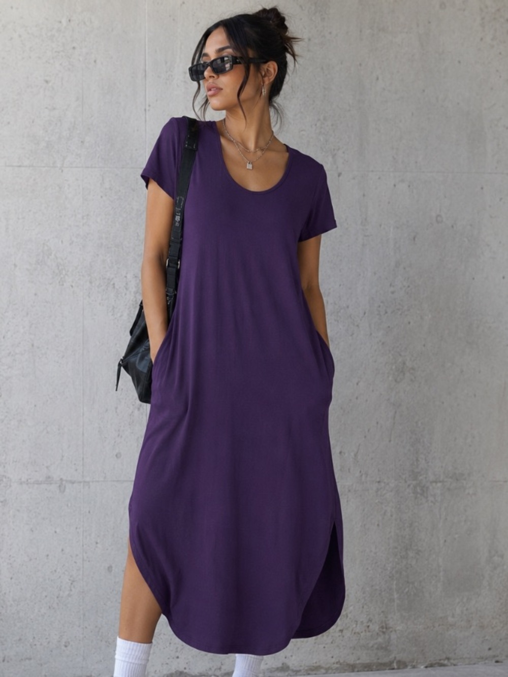 Match Purple Bohemian Retro Scoop Neck Short Sleeve Maxi Shirt Dress Size L